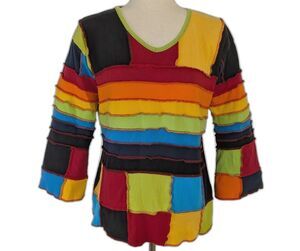 Topaz Pullover Size XL Colorblock Patchwork Nepal Bell Sleeve V-Neck Top